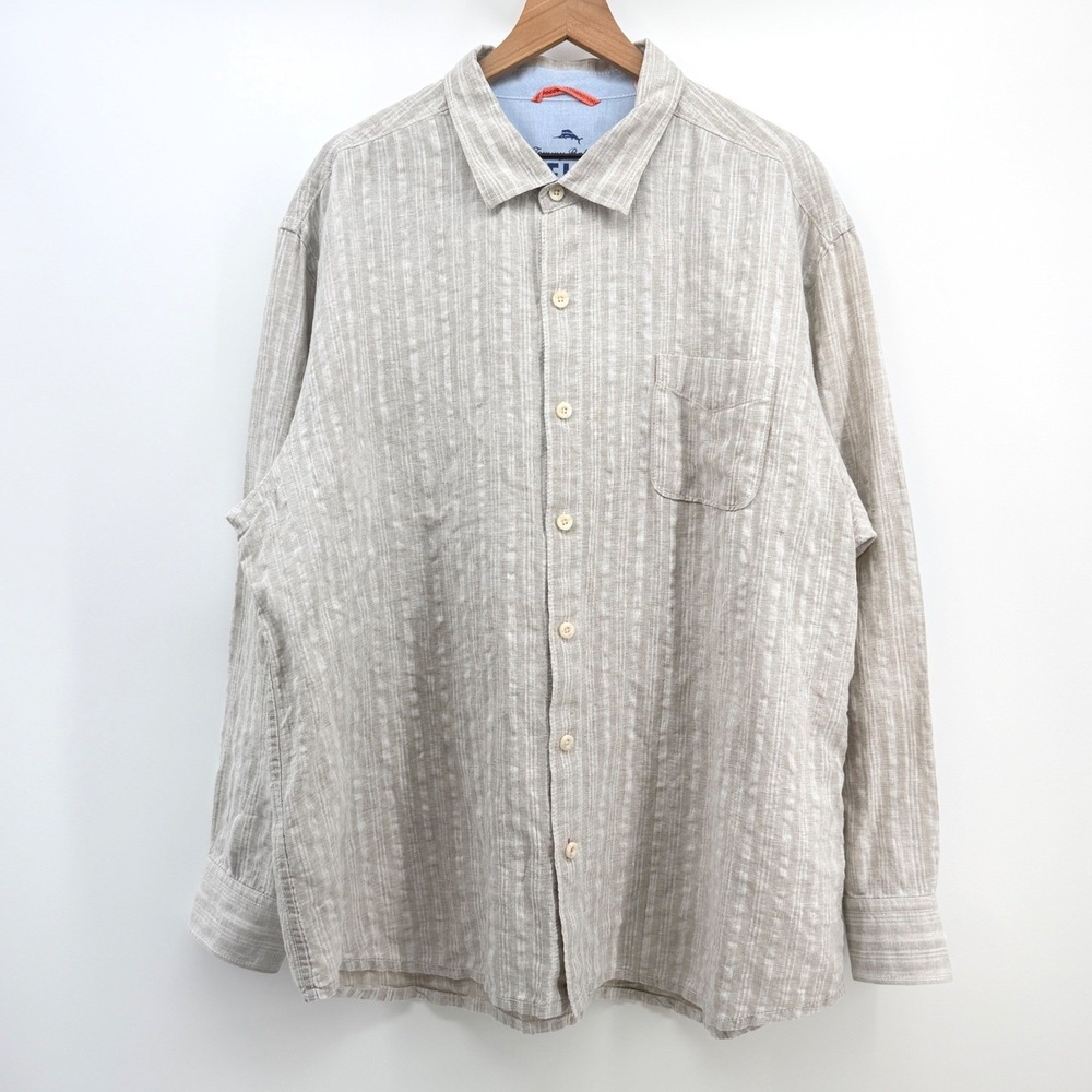Tommy Bahama Relax Shirt Men 3XL Beige Linen Cotton Striped Long Sleeve Casual - Picture 2 of 9